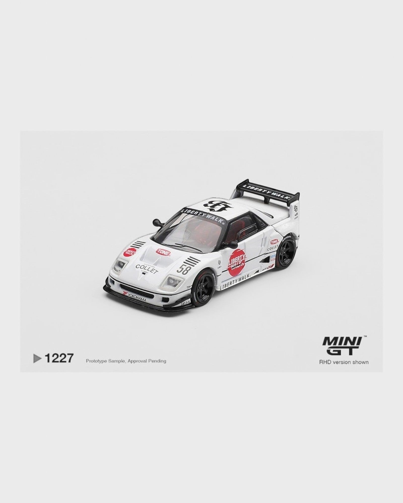 More Than Diecast 1:64 white Mazda AZ-1 Liberty Walk LB40 with Hinomaru livery and racing decals.
