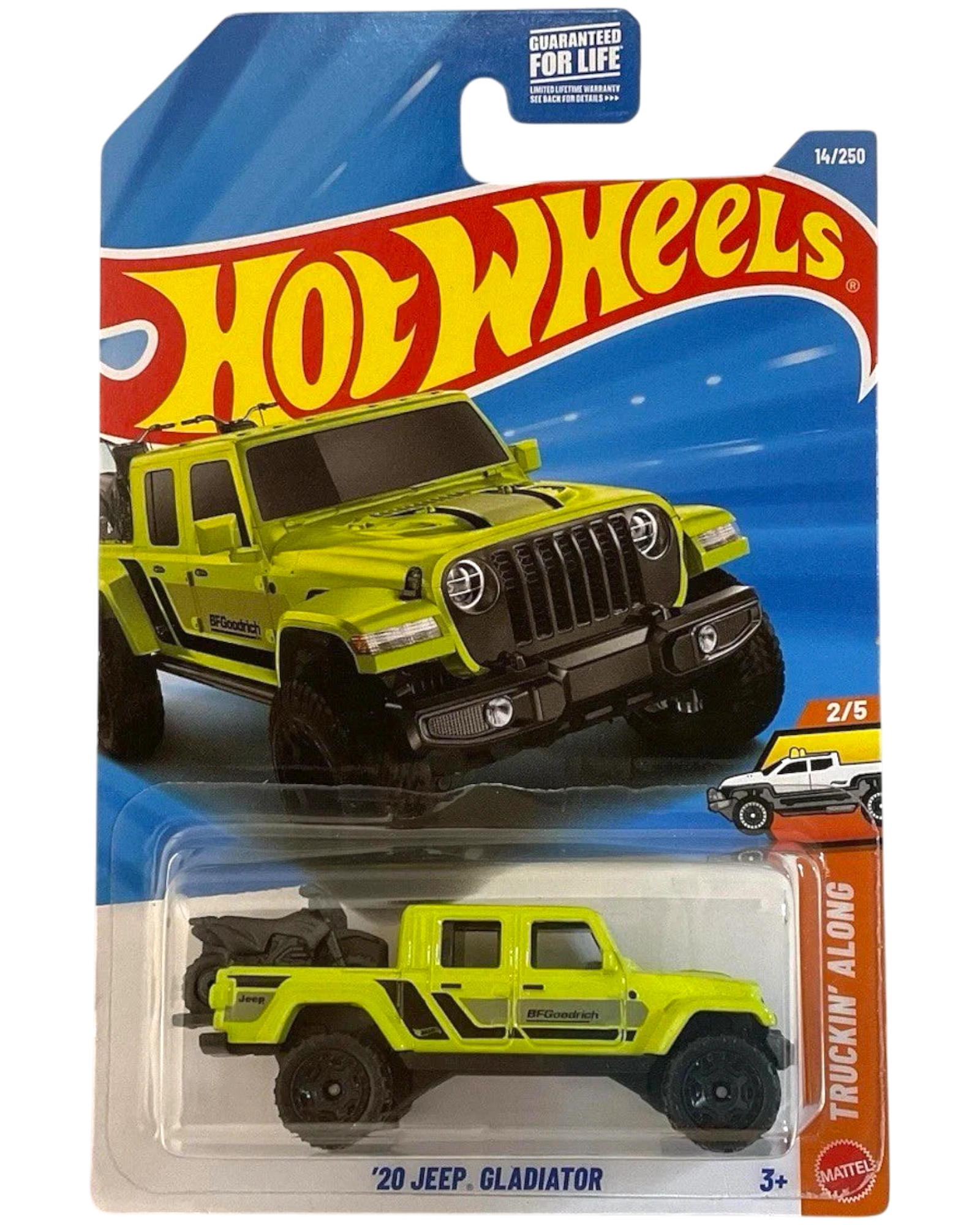 More Than Diecast: Bright yellow 2020 Jeep Gladiator Hot Wheels die-cast toy truck with black accents and BFGoodrich tires.