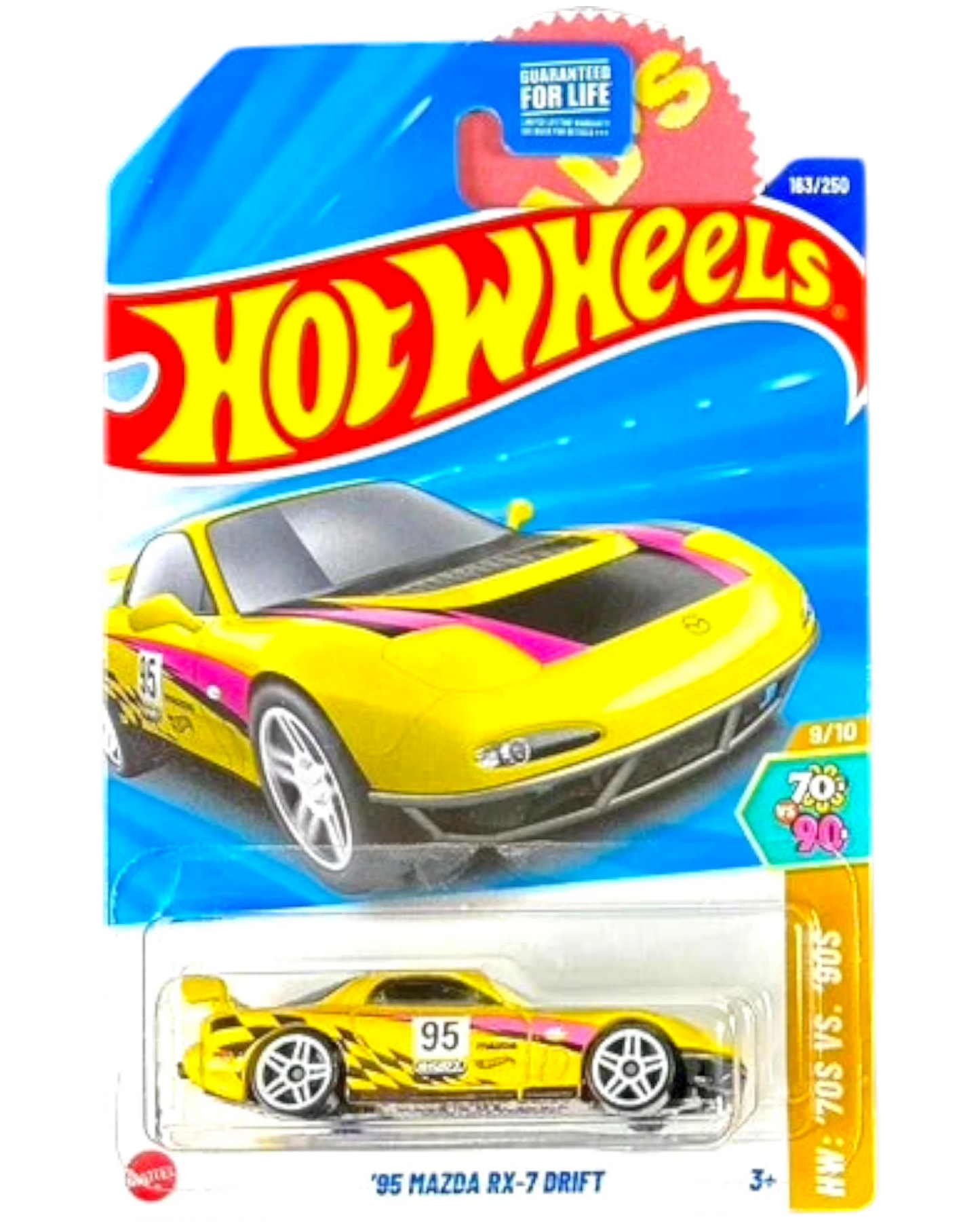 More Than Diecast 1995 Mazda RX-7 drift car in bright yellow with pink and black racing stripes, 1:64 scale die-cast.