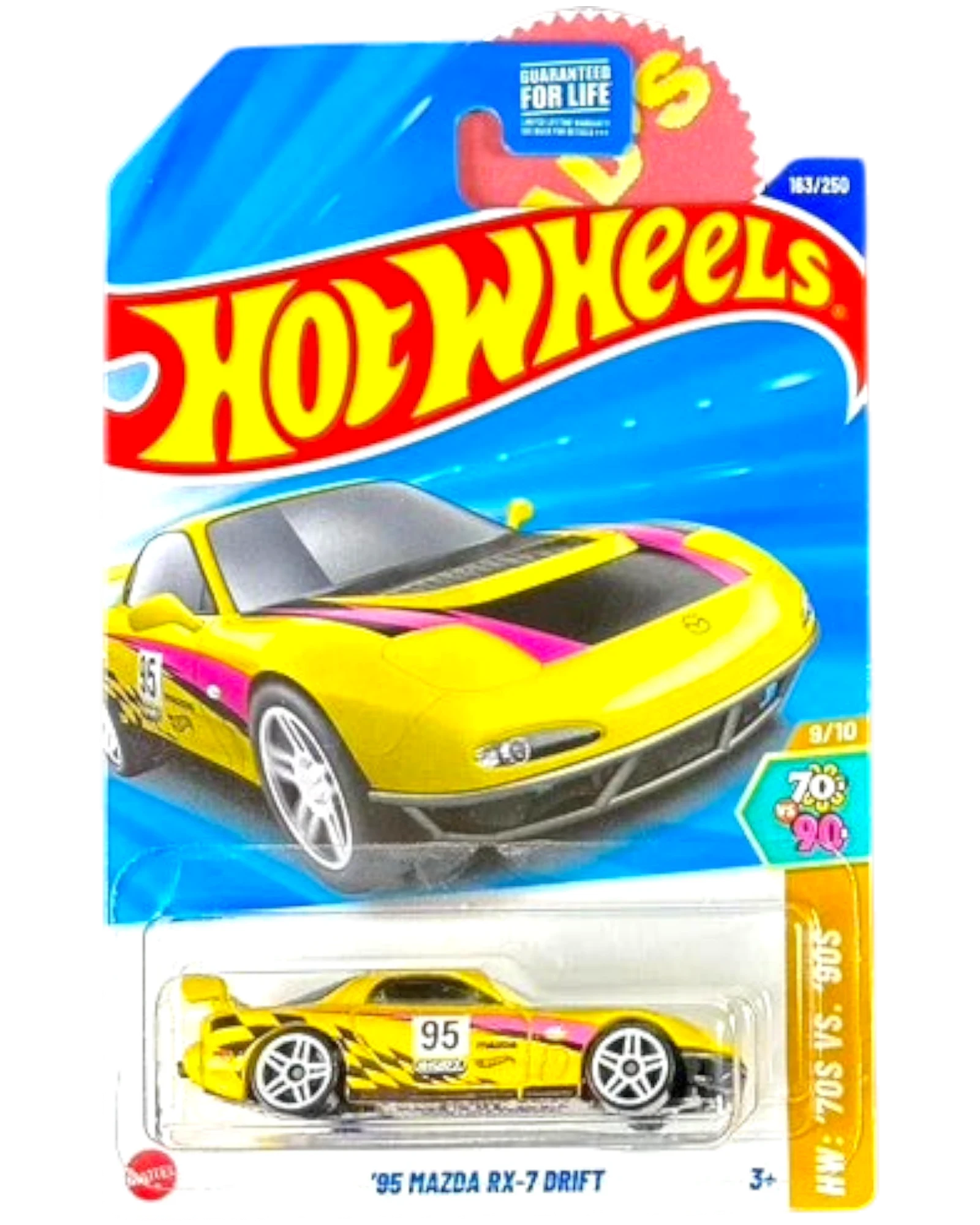 More Than Diecast 1995 Mazda RX-7 drift car in bright yellow with pink and black racing stripes, 1:64 scale die-cast.