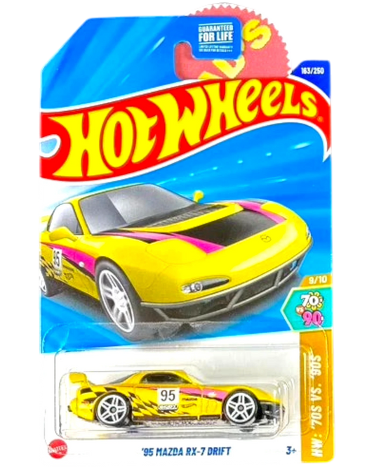 More Than Diecast 1995 Mazda RX-7 drift car in bright yellow with pink and black racing stripes, 1:64 scale die-cast.