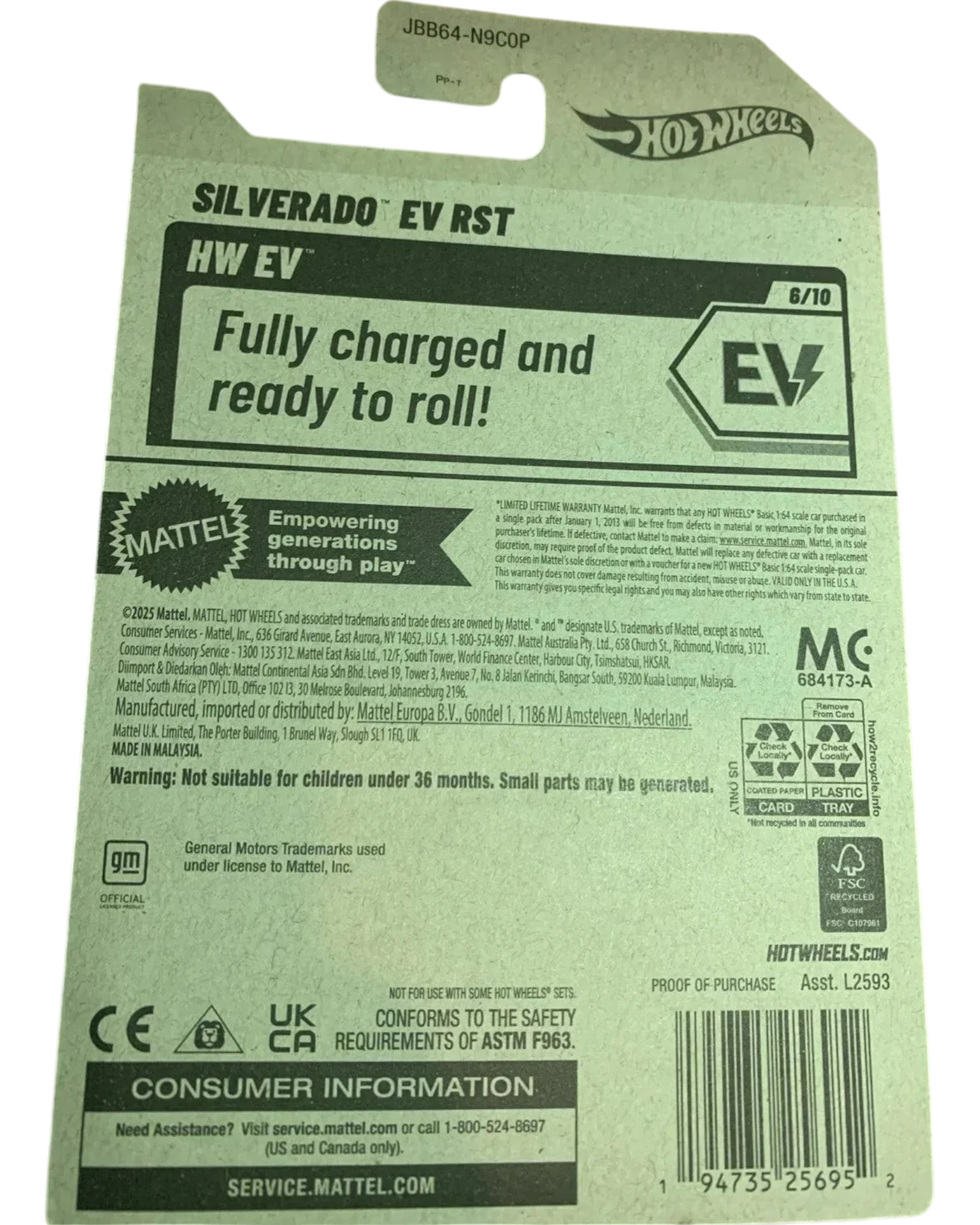 Hot Wheels Silverado EV RST toy packaging with branding and product details.