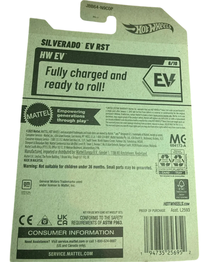 Hot Wheels Silverado EV RST toy packaging with branding and product details.