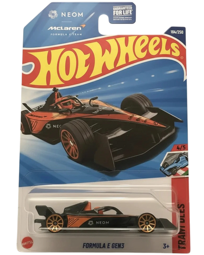 Hot Wheels McLaren Formula E Gen3 toy car in packaging on a light gray background