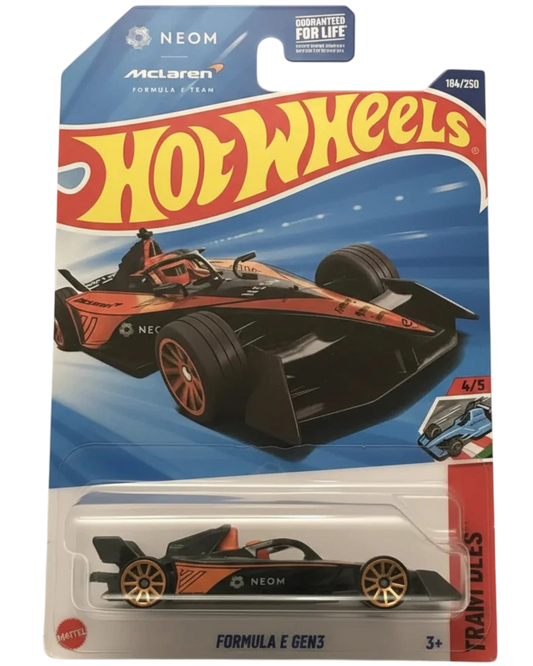Hot Wheels McLaren Formula E Gen3 toy car in packaging on a light gray background