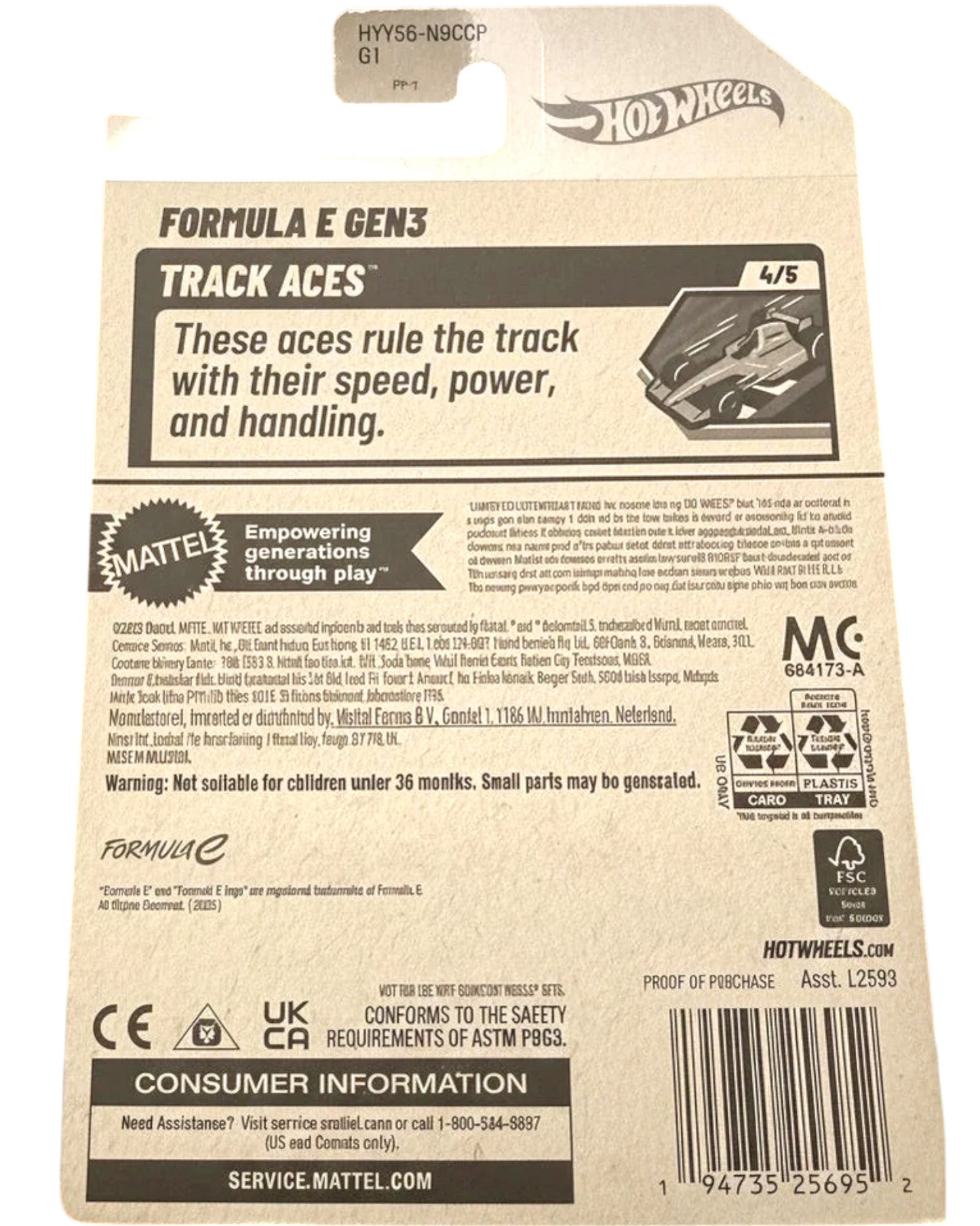 Back of a Hot Wheels toy car packaging with branding and product details.