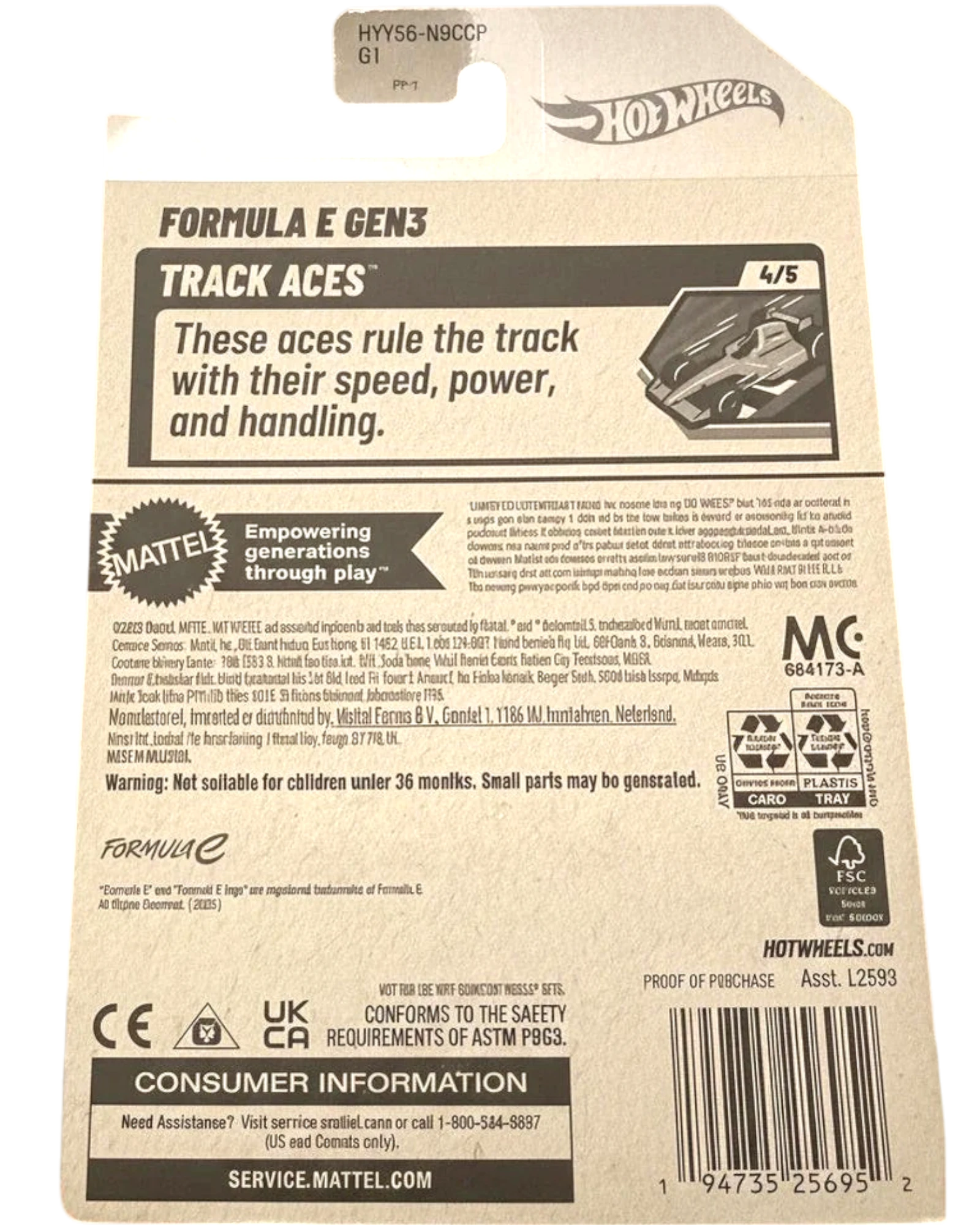 Back of a Hot Wheels toy car packaging with branding and product details.