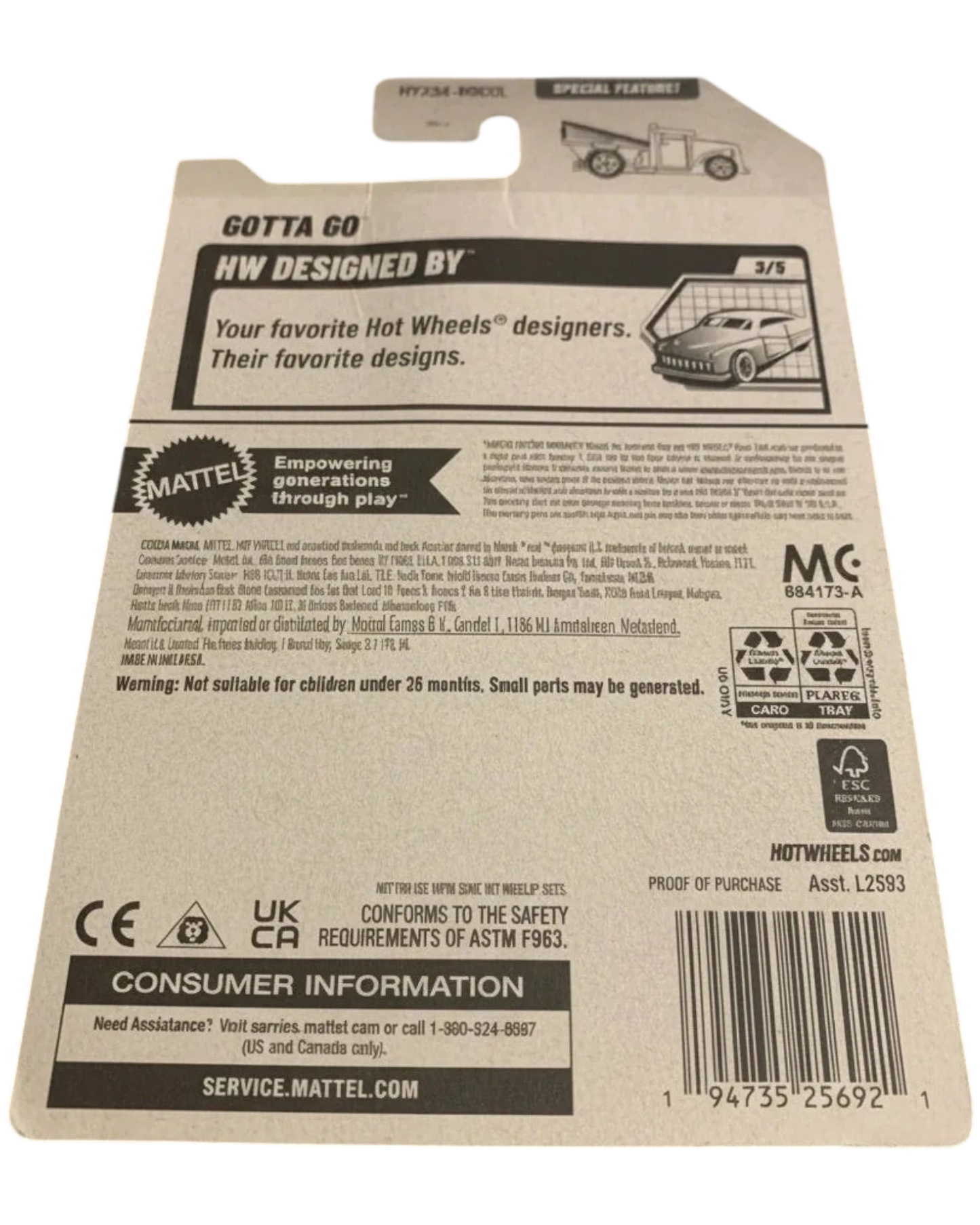 Back of a Hot Wheels packaging with branding and product details.