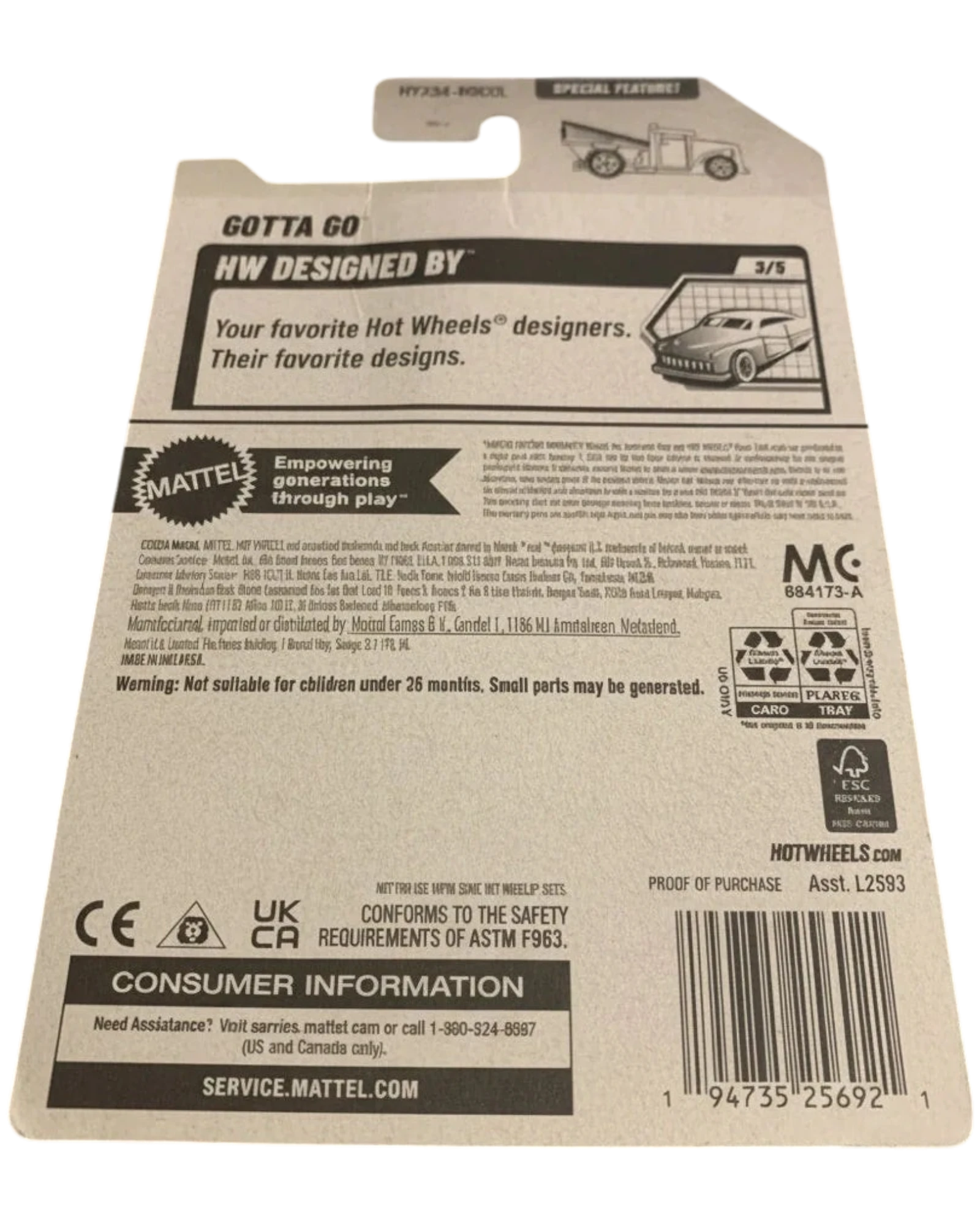 Back of a Hot Wheels packaging with branding and product details.