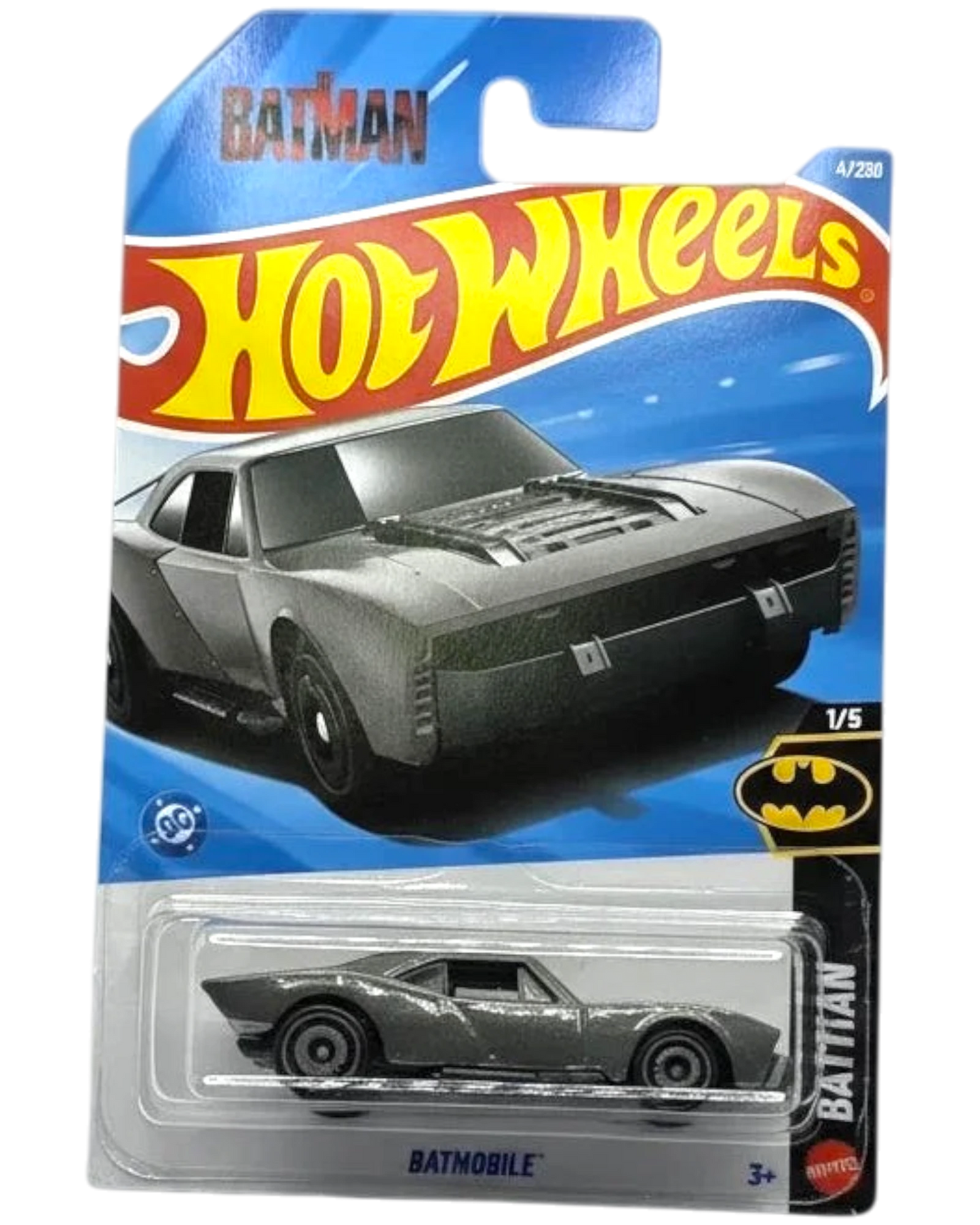 Hot Wheels Batman Batmobile toy car in packaging on a gray background