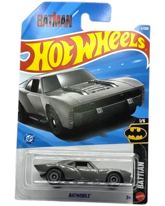 Hot Wheels Batman Batmobile toy car in packaging on a gray background