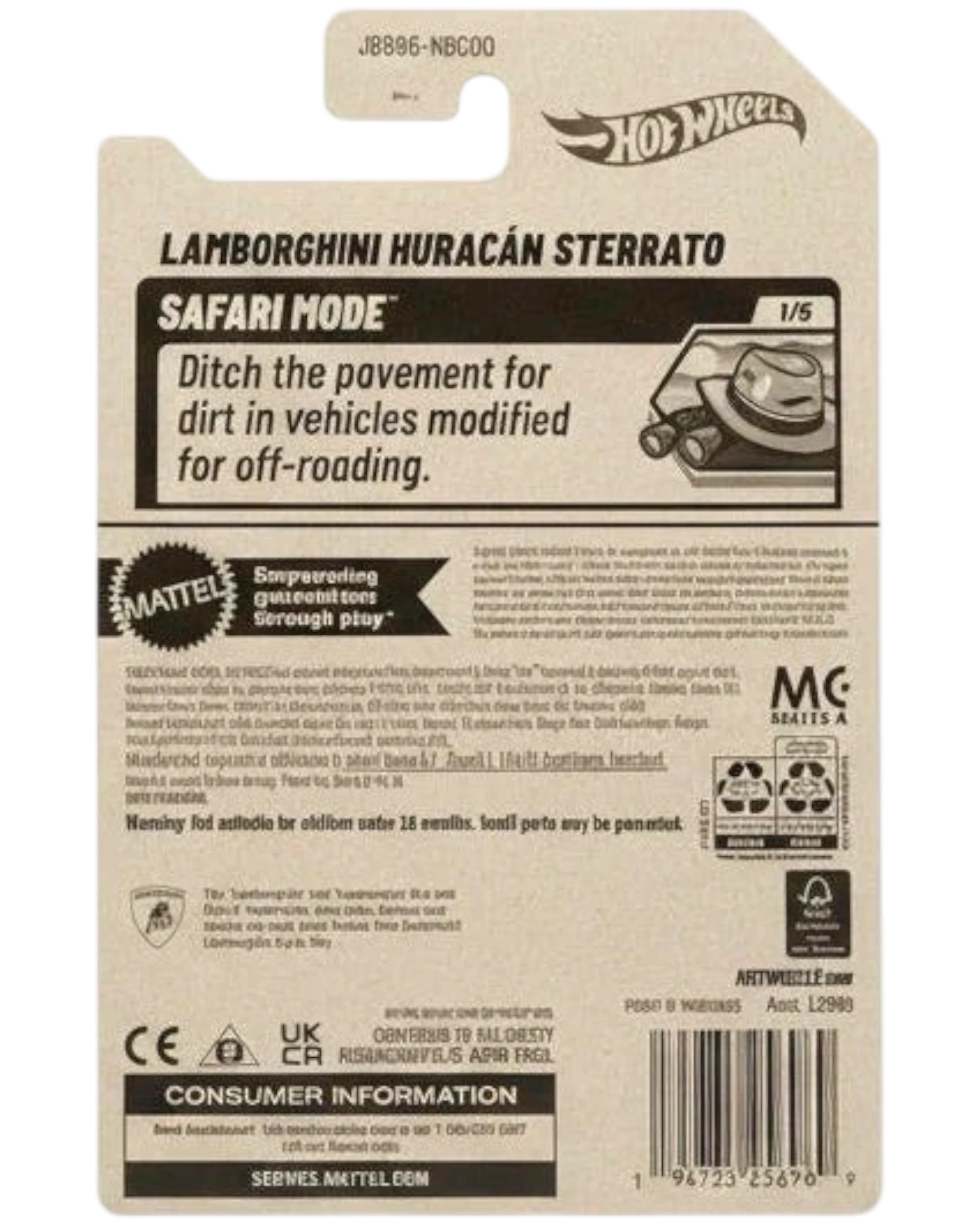 Back of a Hot Wheels Lamborghini Huracán Sterrato toy car packaging with branding and product details.