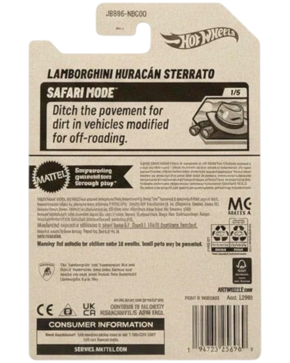 Back of a Hot Wheels Lamborghini Huracán Sterrato toy car packaging with branding and product details.