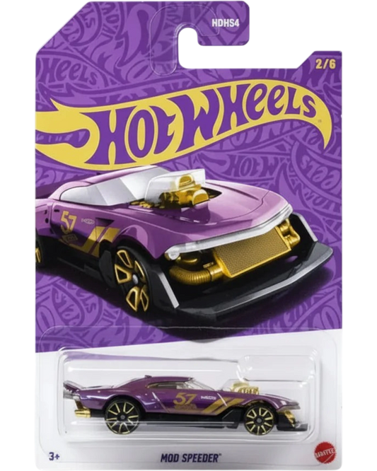 Hot Wheels toy car in purple and gold packaging on a gray background