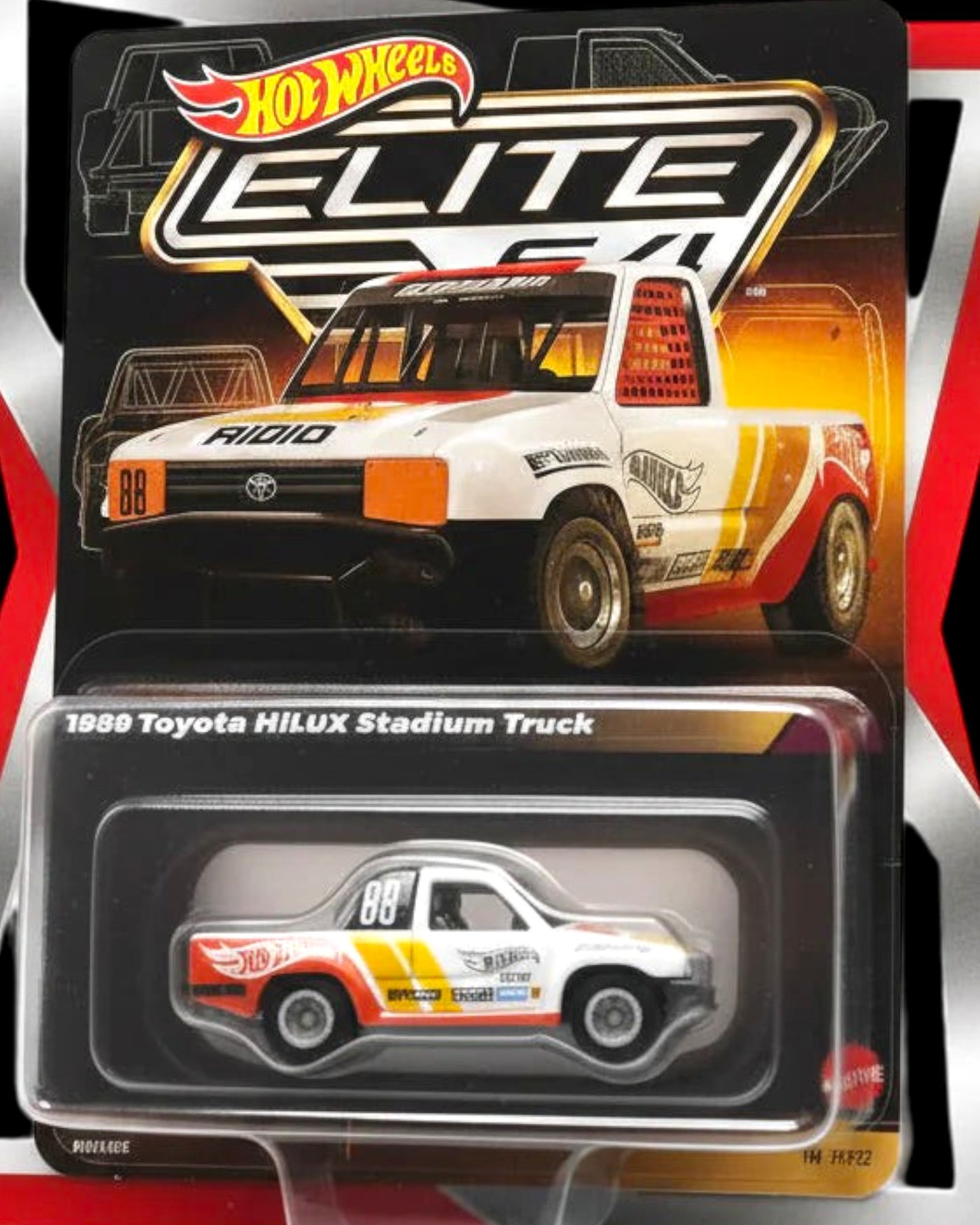 Hot Wheels Elite toy truck packaging with dynamic background