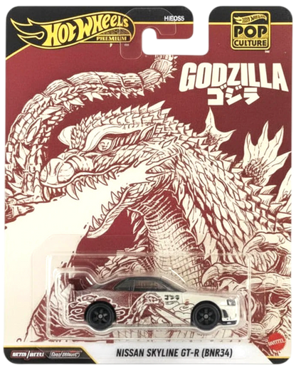 Hot Wheels Godzilla Nissan Skyline GT-R toy car in packaging with red and white design