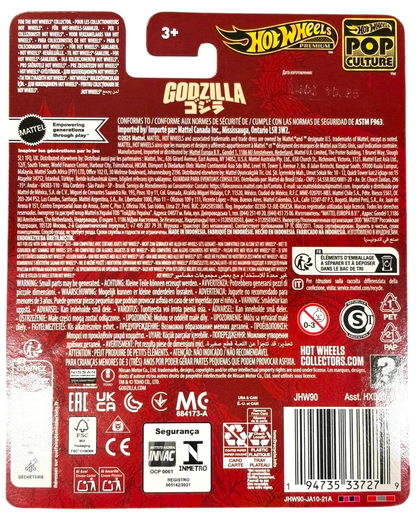 Back of a Hot Wheels Godzilla toy packaging with branding and product details.