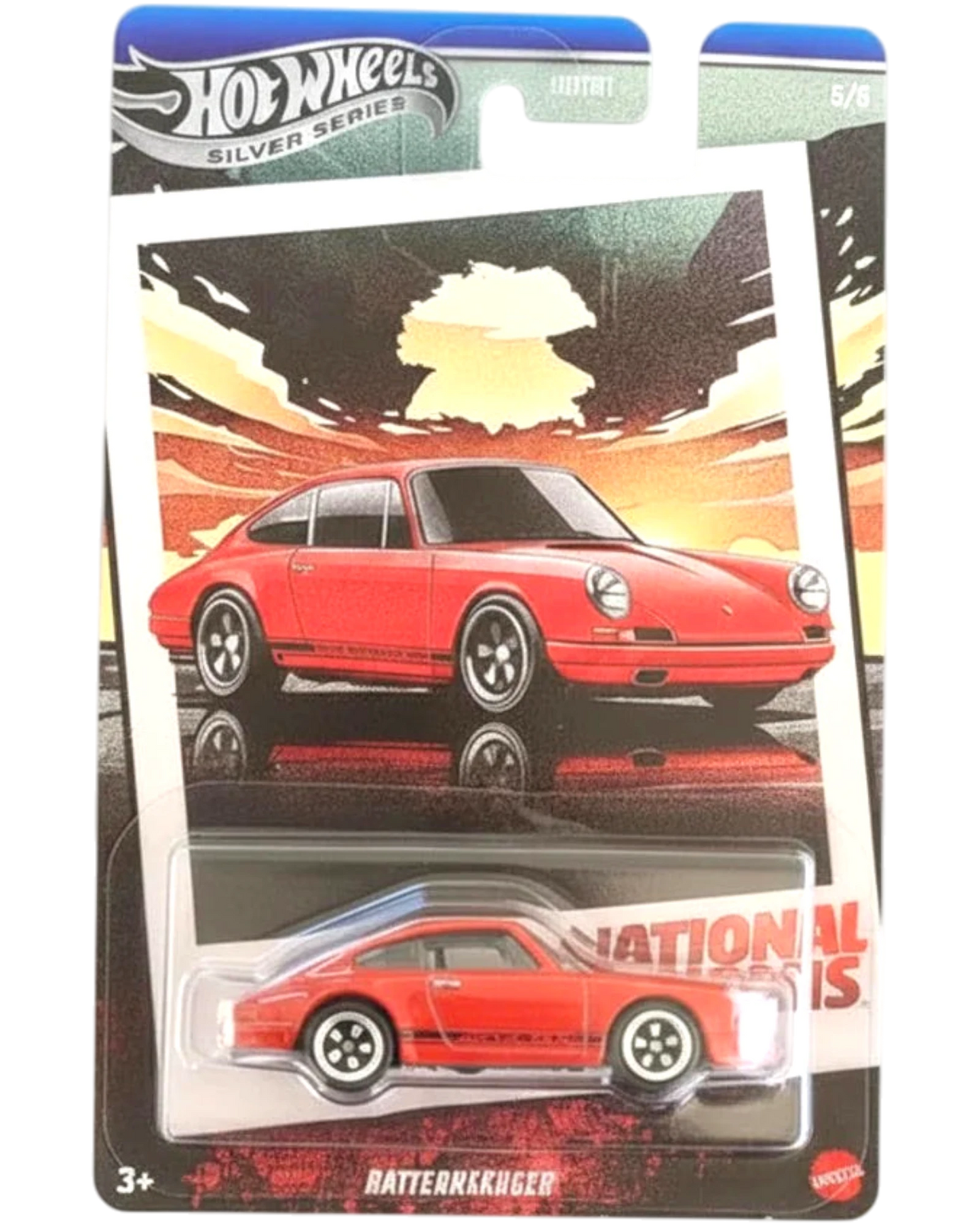 Hot Wheels toy car in packaging with a red car design on a white background