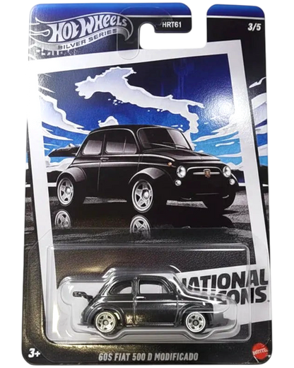 Hot Wheels toy car in packaging with 'National Icons' branding on a white background