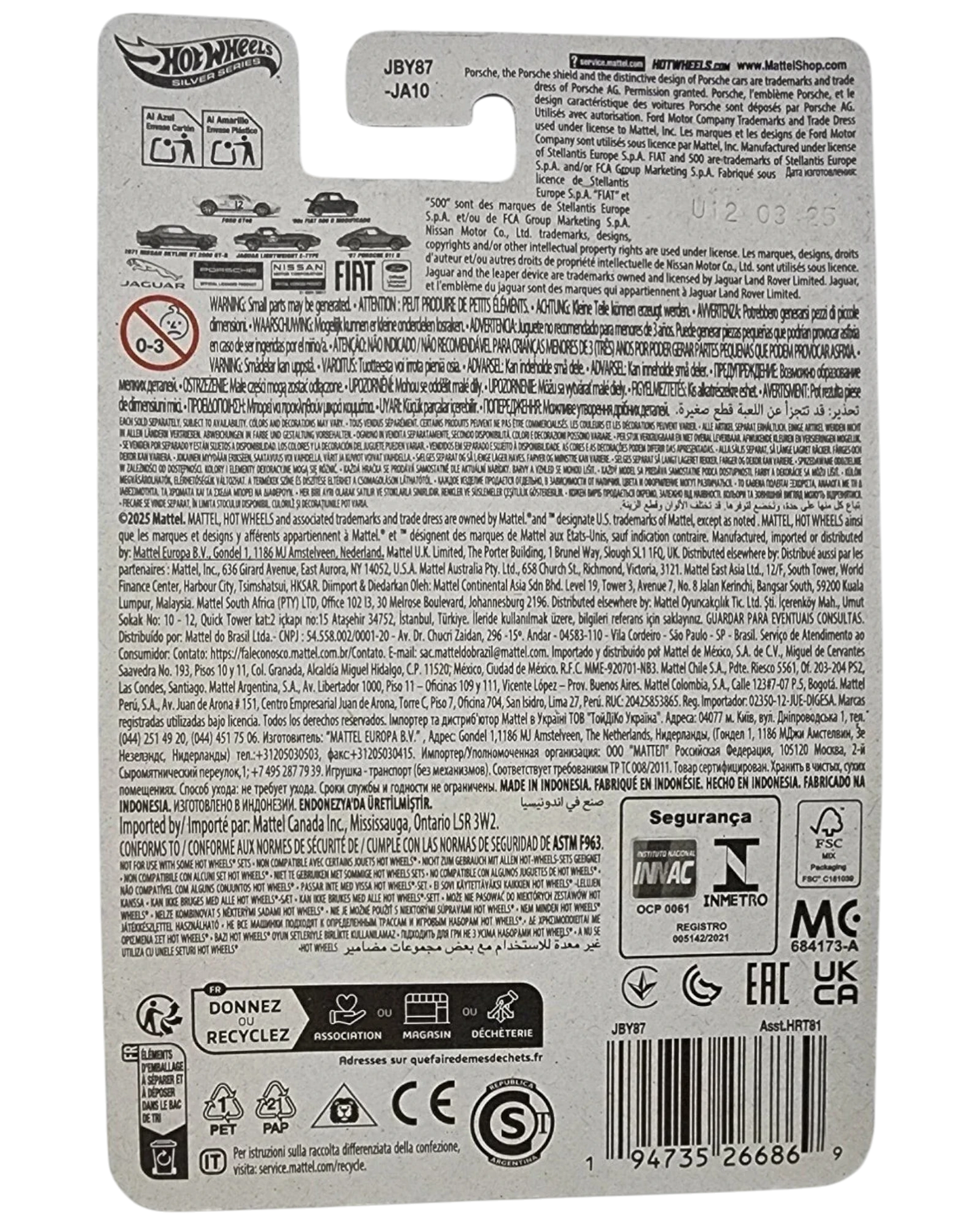 Back of a Hot Wheels packaging with text and logos on a white background