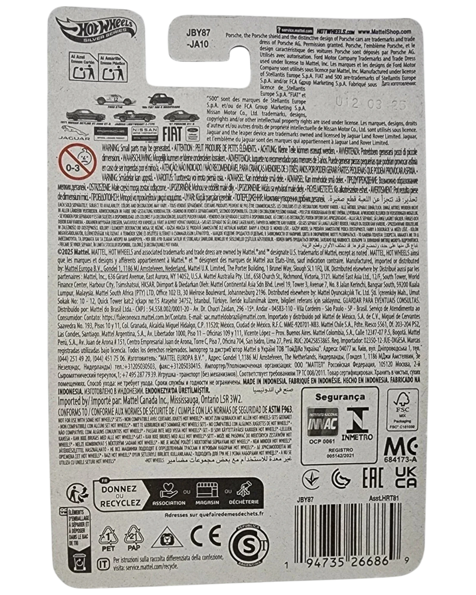 Back of a Hot Wheels packaging with text and logos on a white background