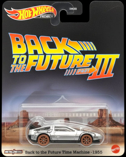 Hot Wheels Back to the Future III toy car packaging on a wooden surface