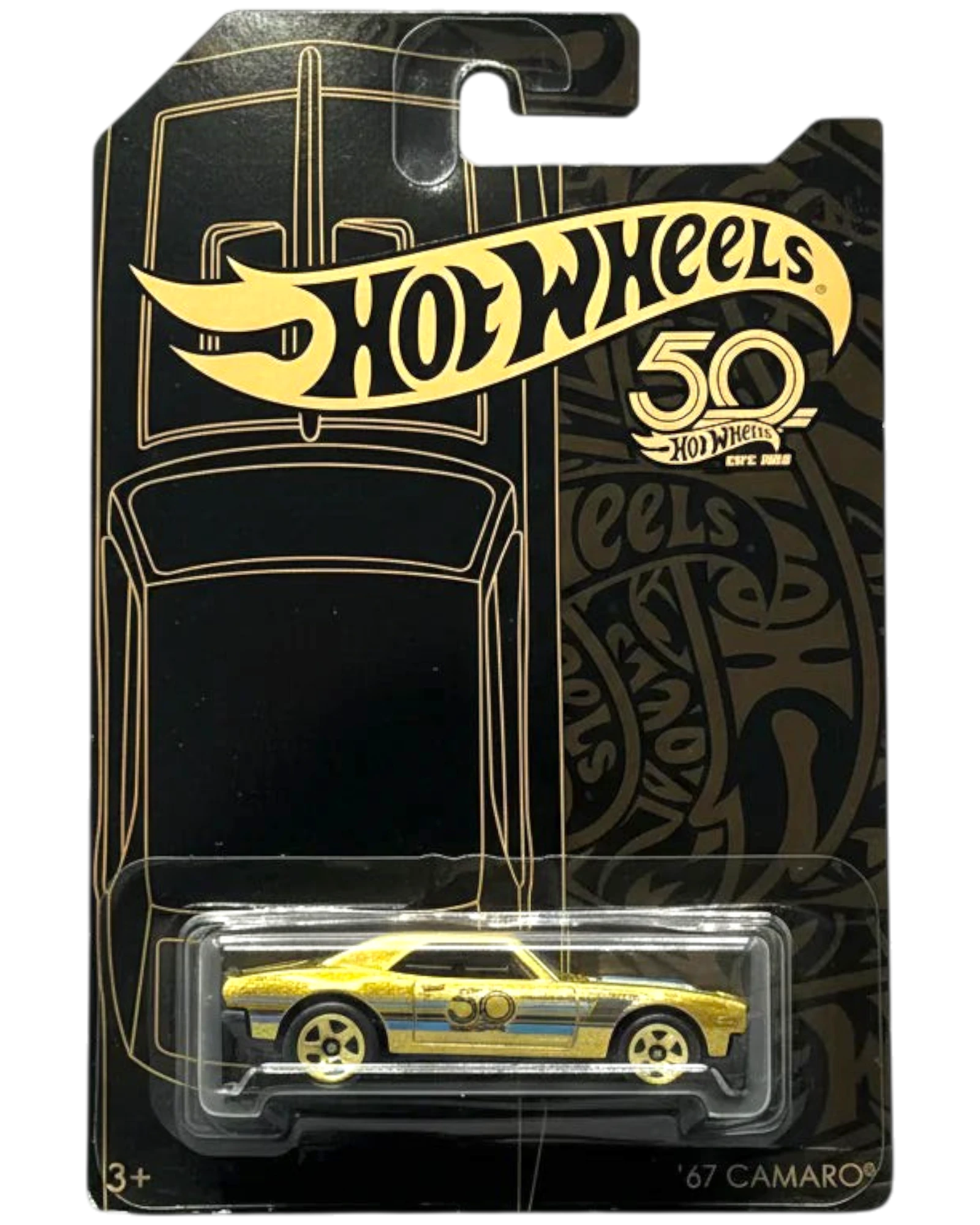 Hot Wheels 50th anniversary toy car in packaging on a wooden surface