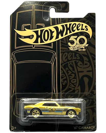 Hot Wheels 50th anniversary toy car in packaging on a wooden surface