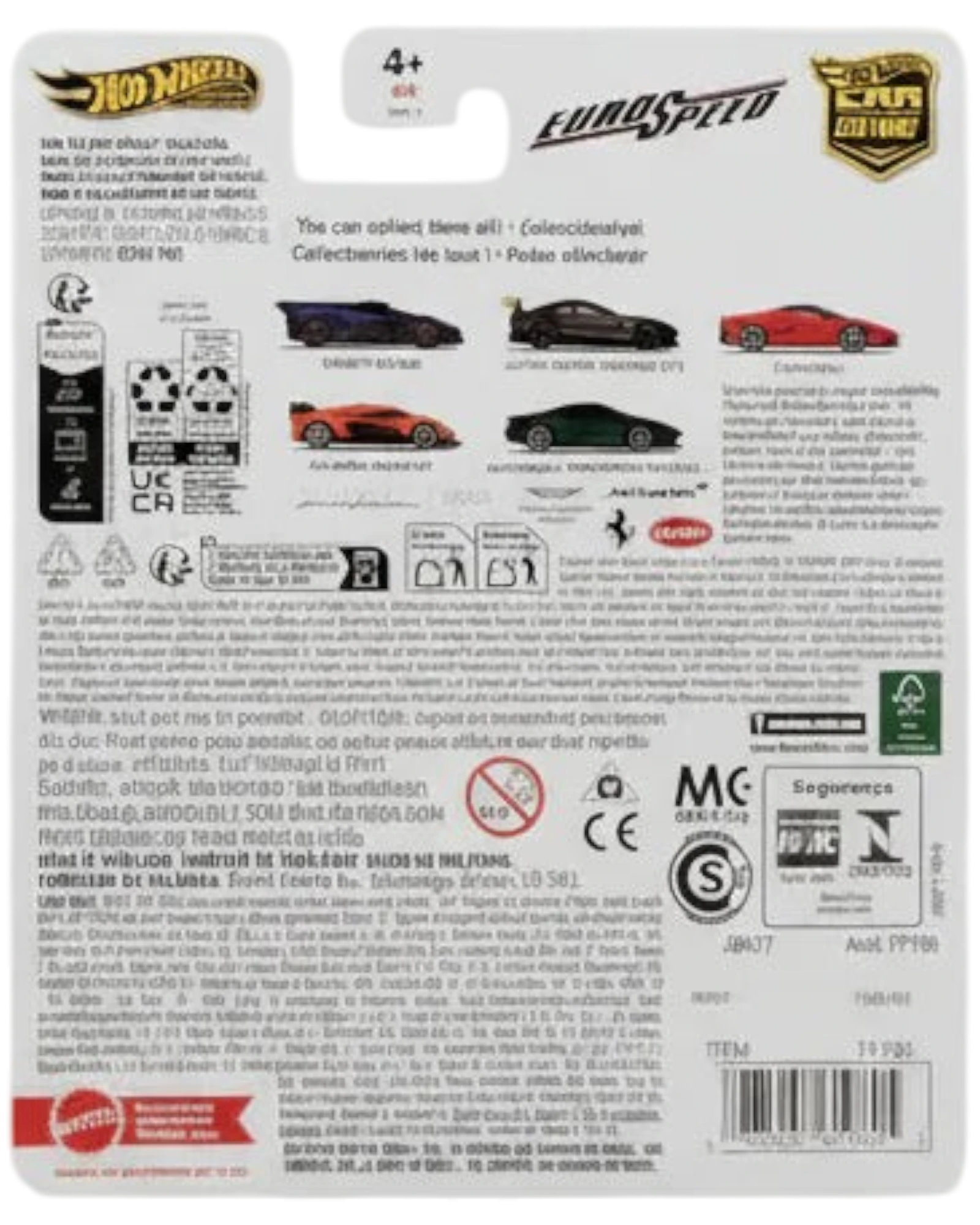 Back of a Hot Wheels toy car packaging with branding and text.