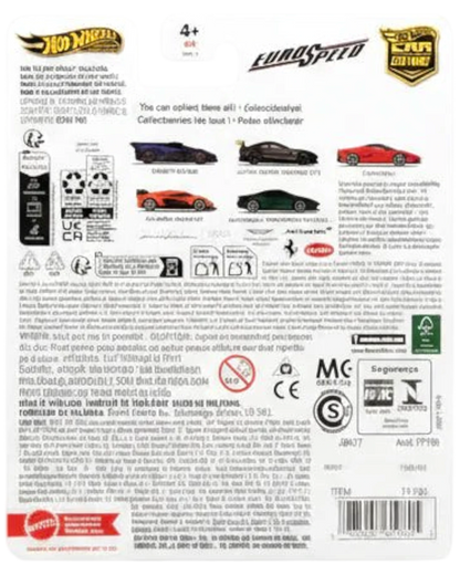 Back of a Hot Wheels toy car packaging with branding and text.