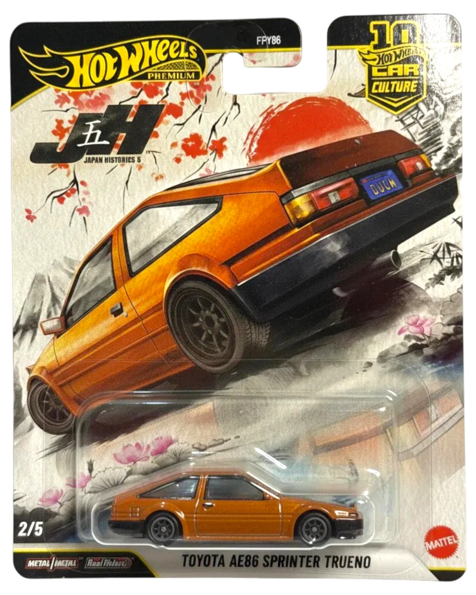 Hot Wheels Toyota AE86 Sprinter Trueno toy car in packaging with Japanese design elements.