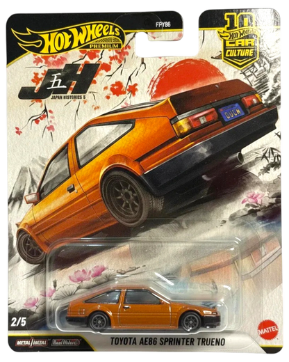 Hot Wheels Toyota AE86 Sprinter Trueno toy car in packaging with Japanese design elements.