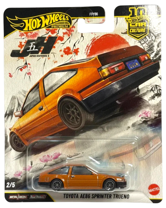 Hot Wheels Toyota AE86 Sprinter Trueno toy car in packaging with Japanese design elements.