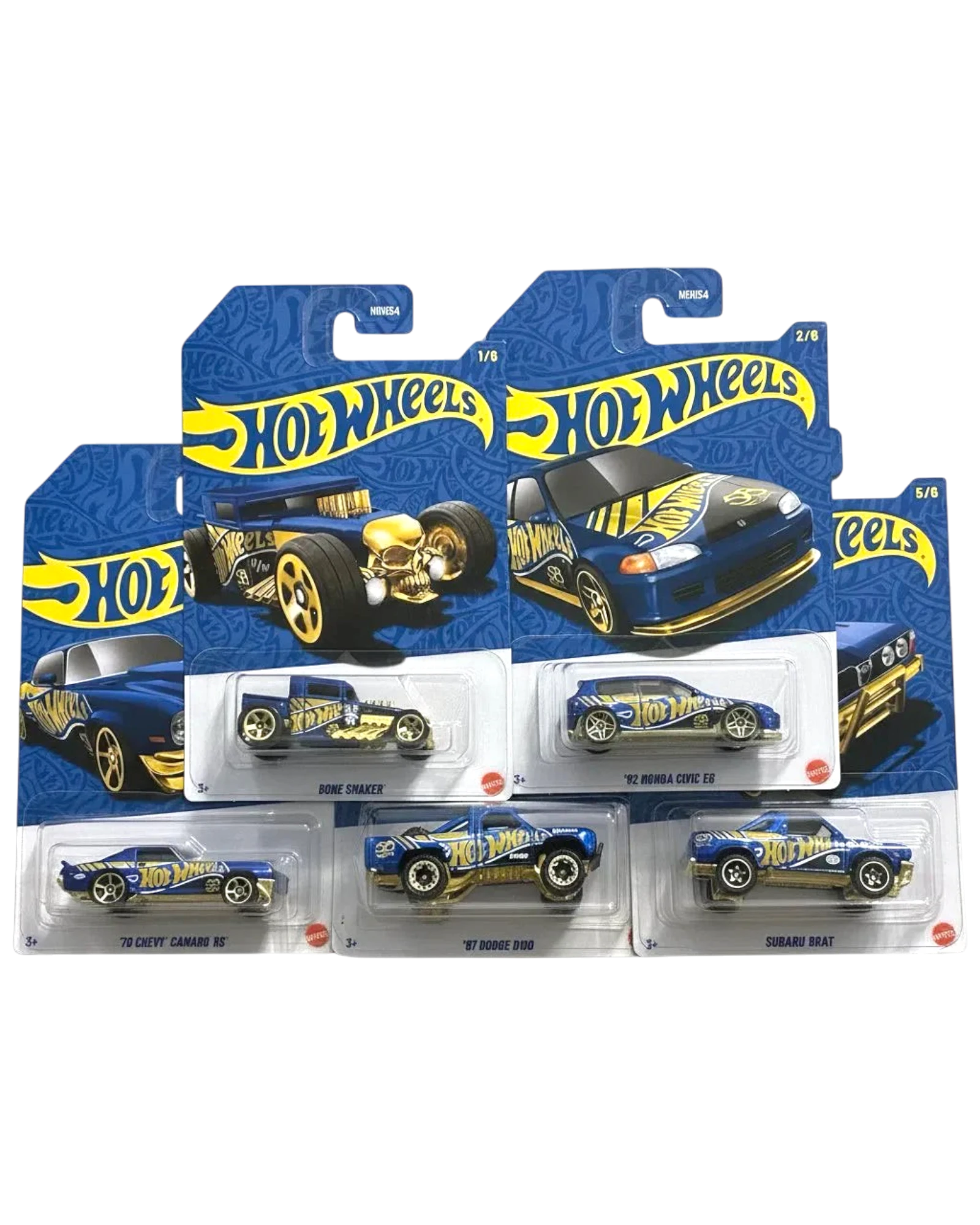 Hot Wheels car set in packaging on a wooden surface