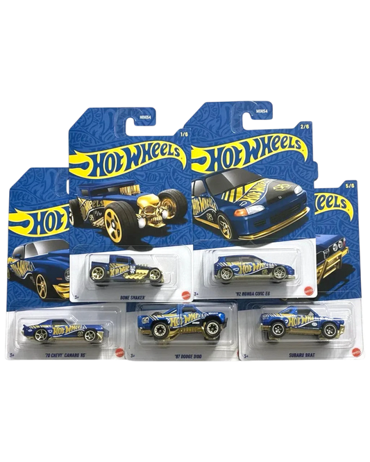 Hot Wheels car set in packaging on a wooden surface