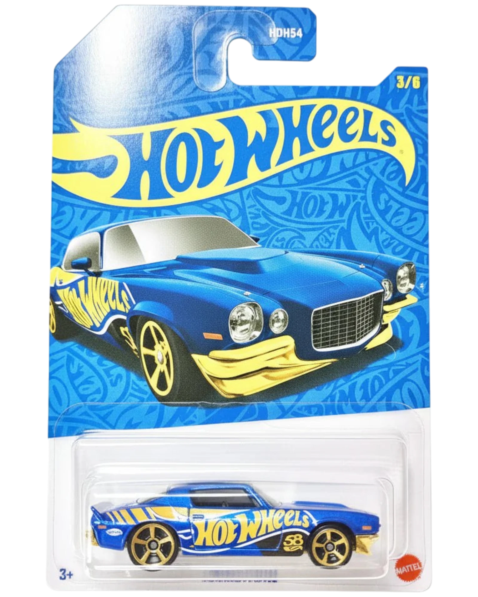 Hot Wheels toy car in blue and yellow packaging on a textured white background