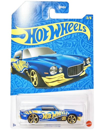Hot Wheels toy car in blue and yellow packaging on a textured white background