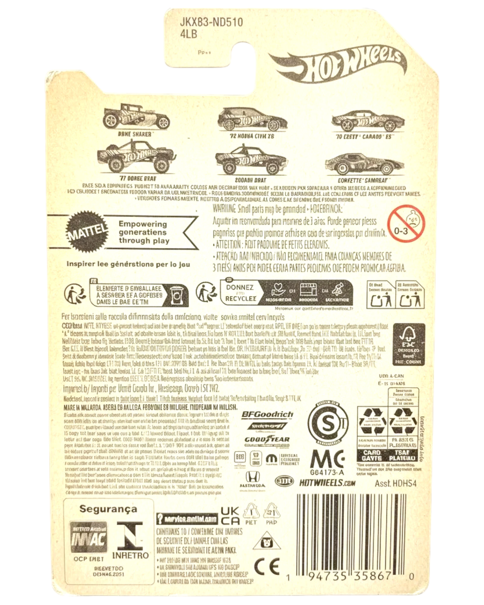 Back of a Hot Wheels packaging with branding and product details on a textured white background