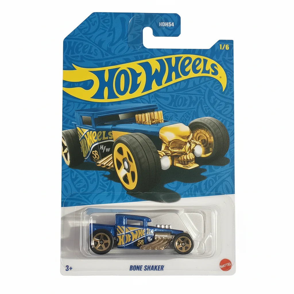 Hot Wheels toy car in packaging with blue and yellow design