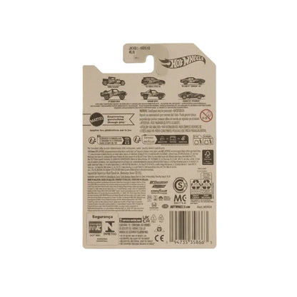 Back of a Hot Wheels packaging with branding and product details on a striped background