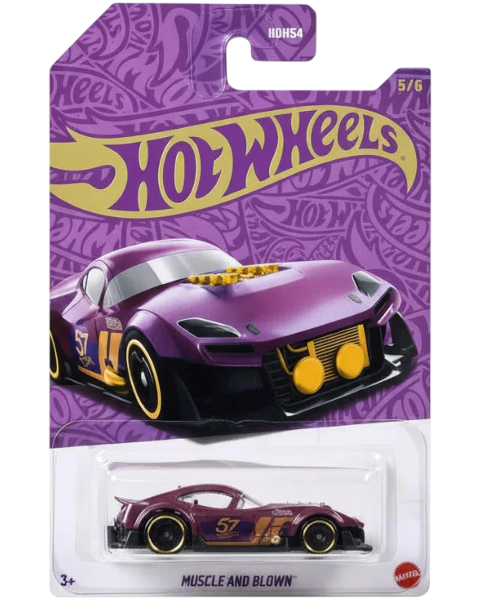 Hot Wheels car in packaging with purple and yellow design