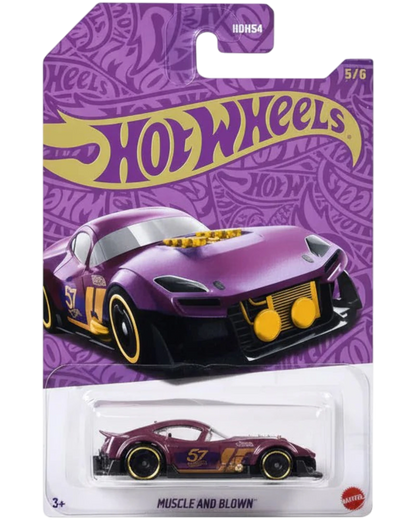 Hot Wheels car in packaging with purple and yellow design