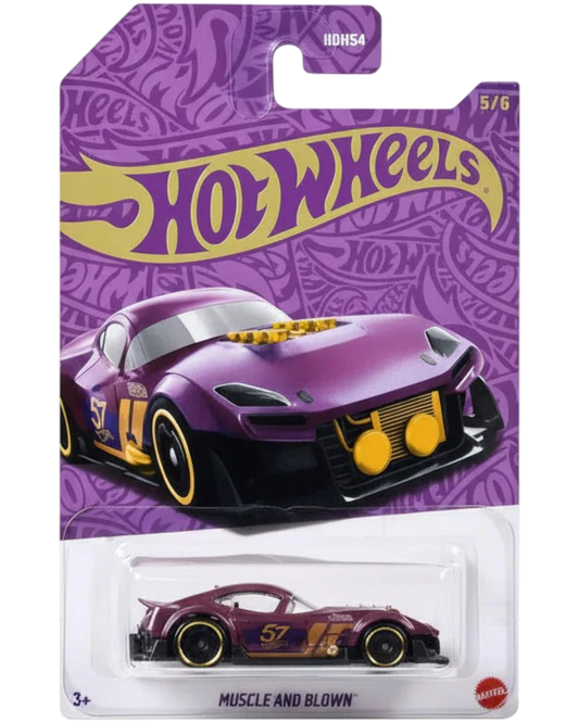 Hot Wheels car in packaging with purple and yellow design
