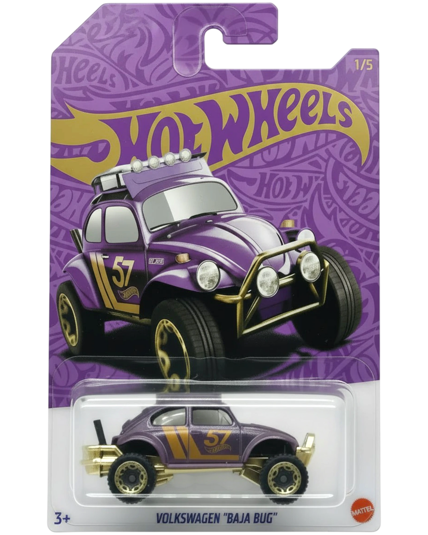 Hot Wheels Volkswagen Baja Bug toy car in purple packaging on a white background