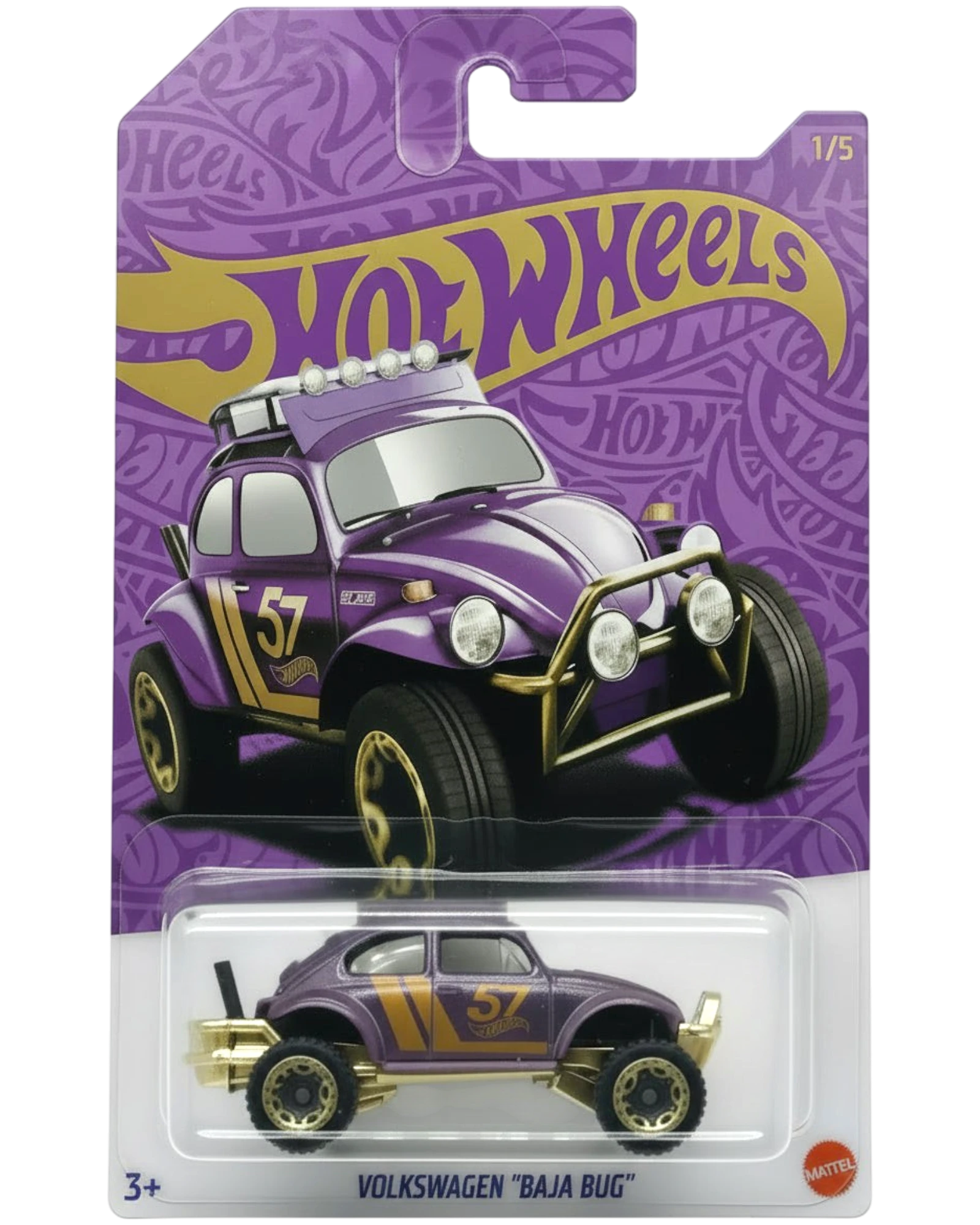 Hot Wheels Volkswagen Baja Bug toy car in purple packaging on a white background