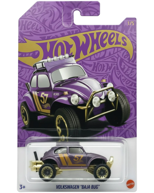 Hot Wheels Volkswagen Baja Bug toy car in purple packaging on a white background