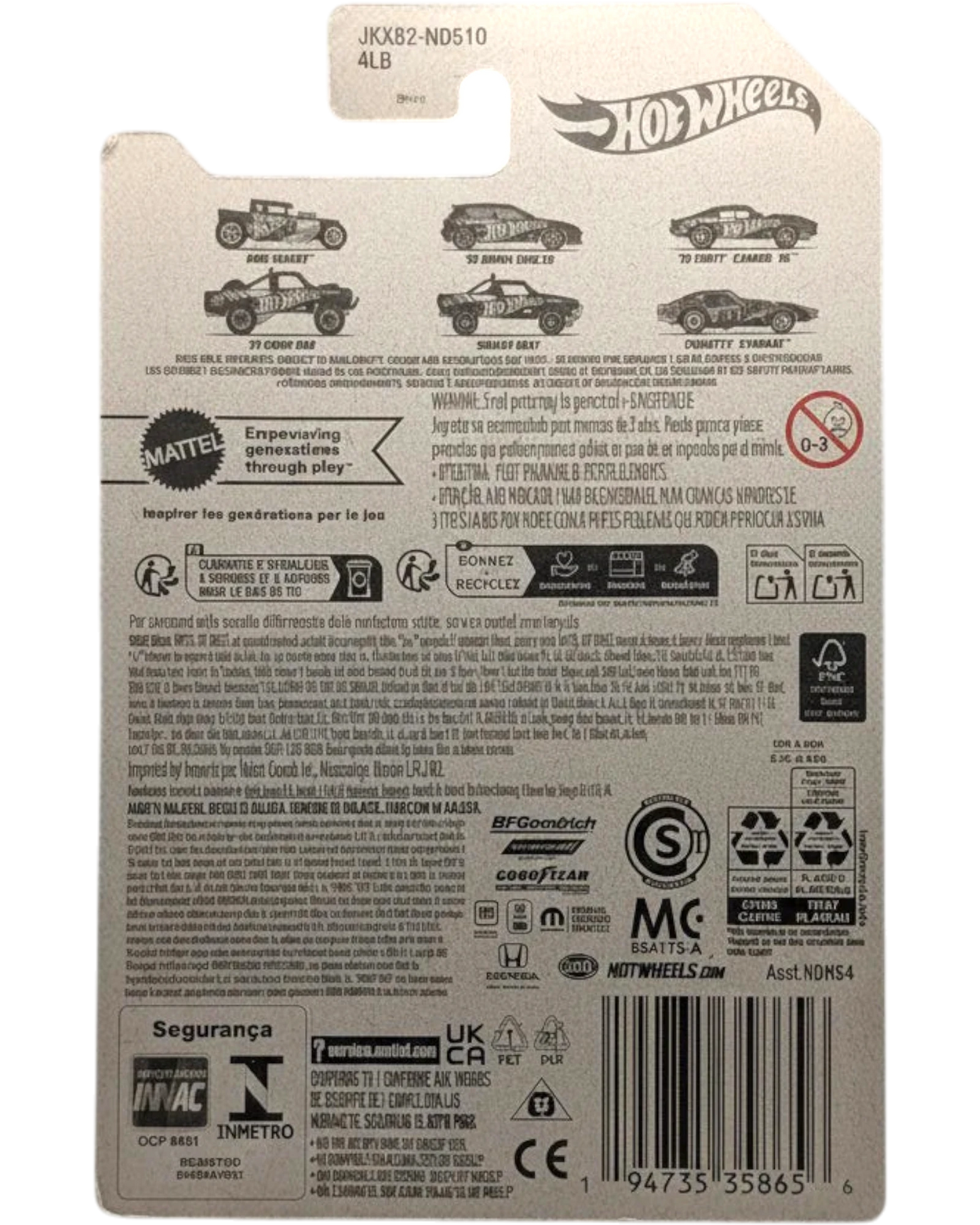 Back of a Hot Wheels toy car packaging with branding and product information.