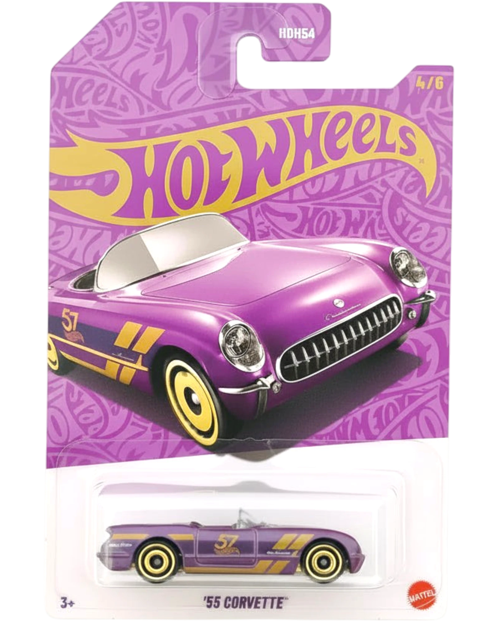 Hot Wheels '55 Corvette toy car in packaging with purple and yellow design