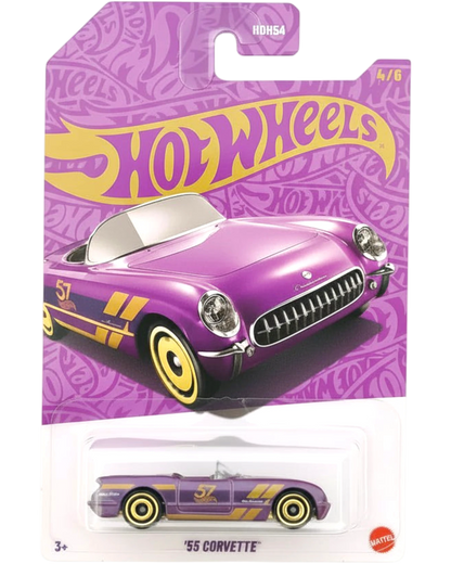 Hot Wheels '55 Corvette toy car in packaging with purple and yellow design