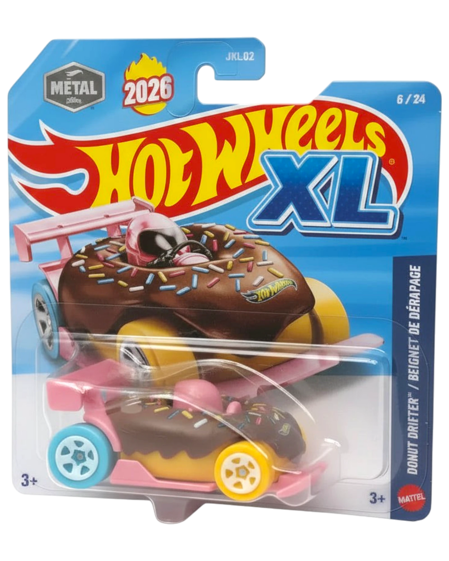 Hot Wheels XL toy car in packaging with donut-shaped body and pink interior.